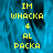 Yellow pixelated text on blue background with gray rectangle; text reads IM WHACKA 4 AL PACKA in two identical vertical stacks.