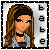 Pixel art icon of a female character with long brown hair, blue eyes, and a black crop top under a gray jacket against a white background with vertical text.