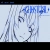 Pixelated static image of a stylized face with blue hair and dark eyes, set against light background.