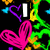 Pixelated text and hearts on a black background with neon green, yellow, purple, and blue accents.
