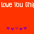 Red background with white pixelated text reading 'love You Chi love You Chi' and two of purple and pink heart icons below