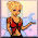 Pixelated animated icon of a blonde woman in red dress with changing background and text overlays.