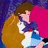 Pixelated anime-style icon shows two characters embracing, one with brown hair in pink clothing, the other with long blonde hair in blue and white dress, against a dark purple background.