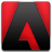 Red and black pixelated icon with a central red arrow pointing downward and rightward against a dark gradient background bordered by red vertical stripes.