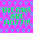 Pixelated text repeats across a bright pink background with cyan geometric patterns.