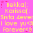 Pixelated text on a pink background with yellow and red elements, showing repeated phrases and names.