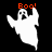 Pixelated ghost icon with orange 'Boo!' text above, showing three color variations against black background.