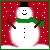 A snowman with a black top hat, green scarf, and three coal buttons stands against a red background with white dots; its arms shift position across frames.