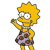 Pixelated character with yellow hair and skin wears a purple dress with brown spots, holding an object near the face in a static pose.