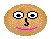Pixelated circular avatar with brown speckled texture, black eyes with white pupils and small black dots, curved pink mouth, and a single black nose.