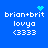 Blue background with white text 'brian+brit', 'lovyq', and '<3333' arranged in four quadrants, each containing a small cyan pixelated symbol above the text.