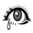Black-and-white pixelated eye icon with spiral pupil and tear drop, set against white background.