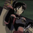 Pixelated anime-style character with dark hair and a black outfit, holding an object near the face against a muted green background.