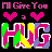 Pixel art animation of 'HUG' text with pink, green, yellow, and purple stripes over black background; four of 'I'll Give You' text above each of 'HUG', with heart symbols changing color across frames
