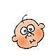 Pixelated cartoon baby head with peach skin, black hair tuft, and wide eyes in various expressions including open mouth, tongue out, and closed eyes.