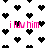 Pixelated black hearts on white background with pink text 'i luv him' in four locations, some letters partially obscured by heart shapes.