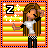 Pixel art avatar of a girl with long brown hair, white crop top, black pants, and checkered belt against striped background with 'Z' symbol.