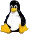 Pixelated penguin with black head, white belly, yellow beak and feet, sitting against gray background.