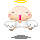 Pixelated angel icon with pink cheeks, red mouth, white wings, and yellow halo above gray cloud background.