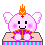 Pixelated pink character with white ears and orange crown sits on striped platform, expression changes from neutral to smiling across frames.