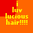 Yellow pixelated text on orange and red background reads "i luv lucious hair!!!!" in four identical