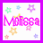 Pixelated icon with 'Melissa' text in pink, surrounded by colorful stars and flowers on a white background.