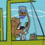 Animated cartoon character in a blue shirt and crown fishing inside a green-framed booth with light blue background.