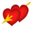 Two overlapping red hearts with a yellow arrow piercing the left heart, set against a gray background.