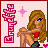 Pixel art of a seated woman with long brown hair, red top, and black shorts, next to pink text and a star that changes color.