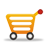 Pixelated orange shopping cart with two black-and-white wheels, a red circular handle, and three horizontal gray bars on a gray background.