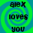 Four identical display text 'a1ex loves you' over a green and blue spiral background with no visible animation changes