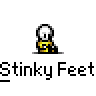 Animated contact sheet of a pixel art character with white head and yellow body performing actions across 11 frames, including green stink effects and text bubbles.