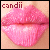 Pixelated close-up of pink lips with glittery texture, showing three variations in mouth shape and text labels 'candii' and 'liipz'.