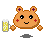 Pixelated cartoon hamster with brown and pink color shifts, holding a glass of yellow liquid that changes from full to empty across frames.
