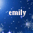 Pixelated blue background with white text 'emily' centered, scattered light blue and white pixel clusters resembling stars or sparkles.