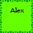 Bright green background with four identical 'Alex' text labels arranged in a , bordered by a pixelated green square frame