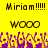 Yellow background with brown text reading "Miriam!!!!!" and "wooo" above a of purple pixelated figures
