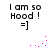 Black text on white background reads "I am so HooD!" with a smiley face below, accompanied by pink pixel clusters in four corners.