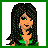 Pixel art of green-themed icons featuring a woman with long dark hair, green clothing, stars, and the word 'GREEN' in various styles