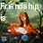 A four- of a pixelated anime-style character with long red hair in an orange top and blue pants, seated outdoors with trees behind her