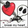 A cartoon skeleton holds a cracked red heart with a knife embedded in it, surrounded by scattered rose petals on white background.