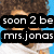 Pixelated image of a person with curly brown hair wearing a white high-collared shirt against a blue background, with overlaid text reading "soon 2 be mrs.jonas".