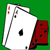 Pixelated white playing card with black spade symbol and red heart symbols on green background, partially overlapping red domino-like shape.