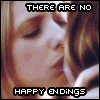 Six- shows a woman's face, floating figure, group scene, gravestone, and text overlays reading 'THERE ARE NO HAPPY ENDINGS BECAUSE NOTHING ENDS'