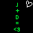 Static pixel art displays green text and symbols on black background with white heart outline above.