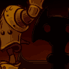 Pixel art of a character's armored arm holding a large dark weapon against a brownish background.
