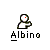 Pixelated icon of a stylized figure with a red dot on its face, positioned above the text 'Albino' in blocky font.