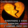 A pixelated broken heart icon with orange and black colors, displaying text about learning from a breakup.