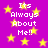Purple background with yellow stars and white text reading "Its Always About Me!!" repeated in four sections.