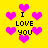 Yellow background with pink heart shapes and black text reading "I LOVE YOU" in pixelated font.